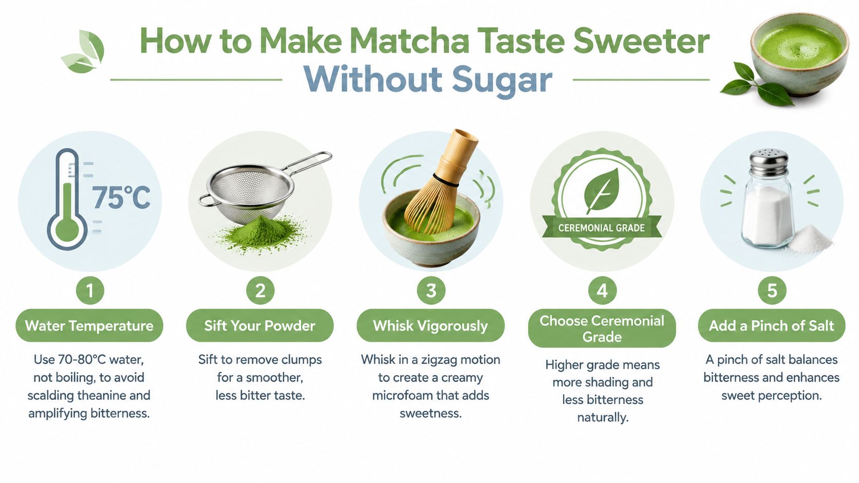 An infographic titled How to Make Matcha Taste Sweeter Without Sugar showing five steps to improve taste.