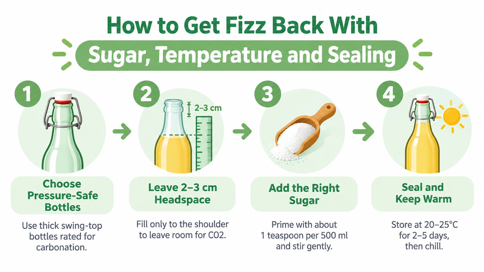 An infographic showing four steps to carbonate kombucha, including using pressure-safe bottles, leaving headspace, adding sugar, and warm storage.