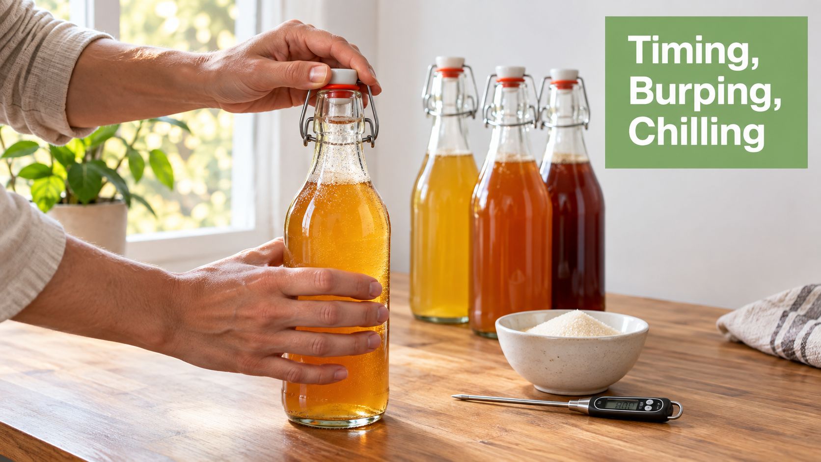 A person sealing a swing-top bottle filled with amber-colored kombucha for the second fermentation process.