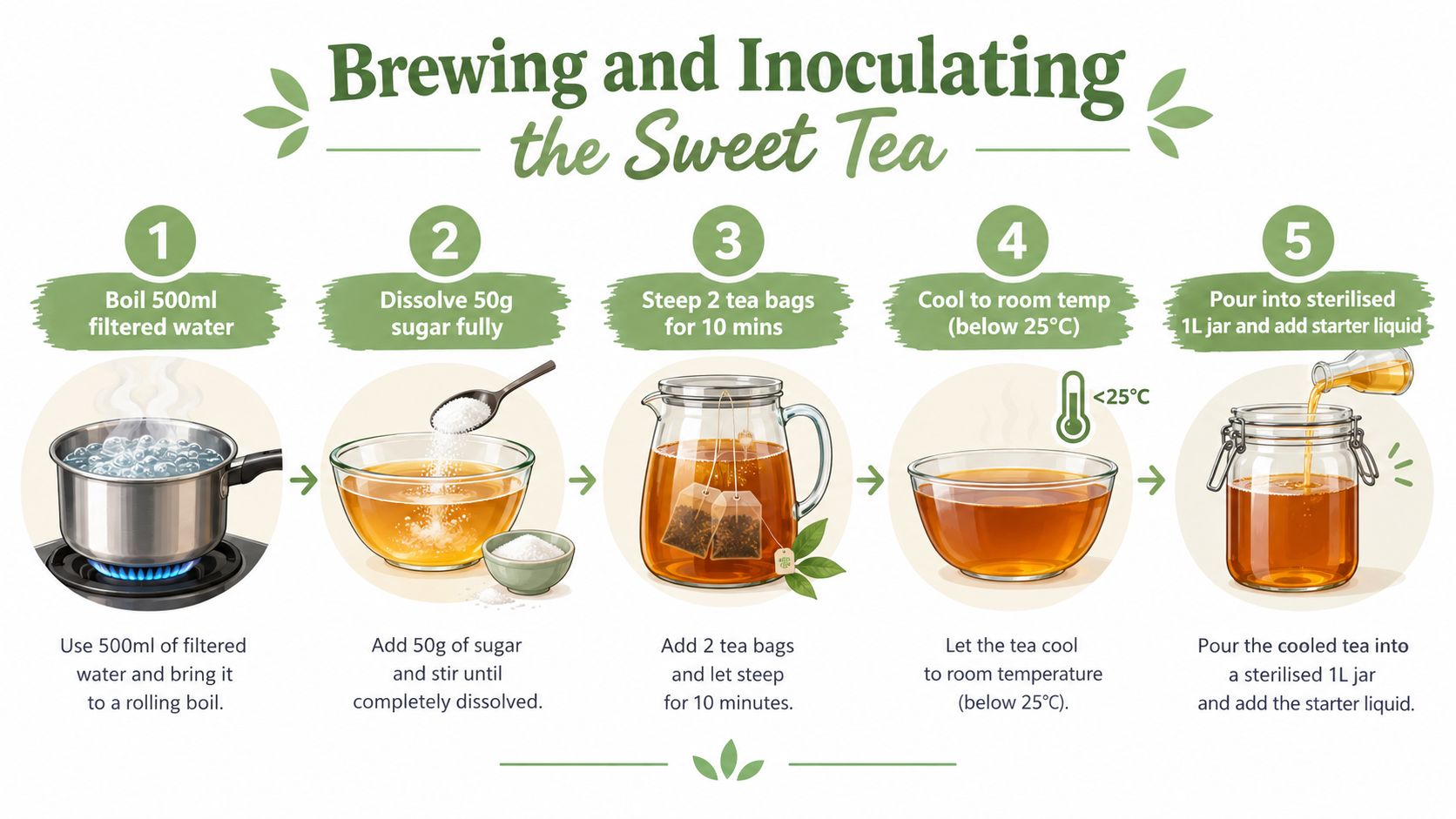 A five-step infographic showing how to brew and prepare sweet tea for kombucha fermentation at home.