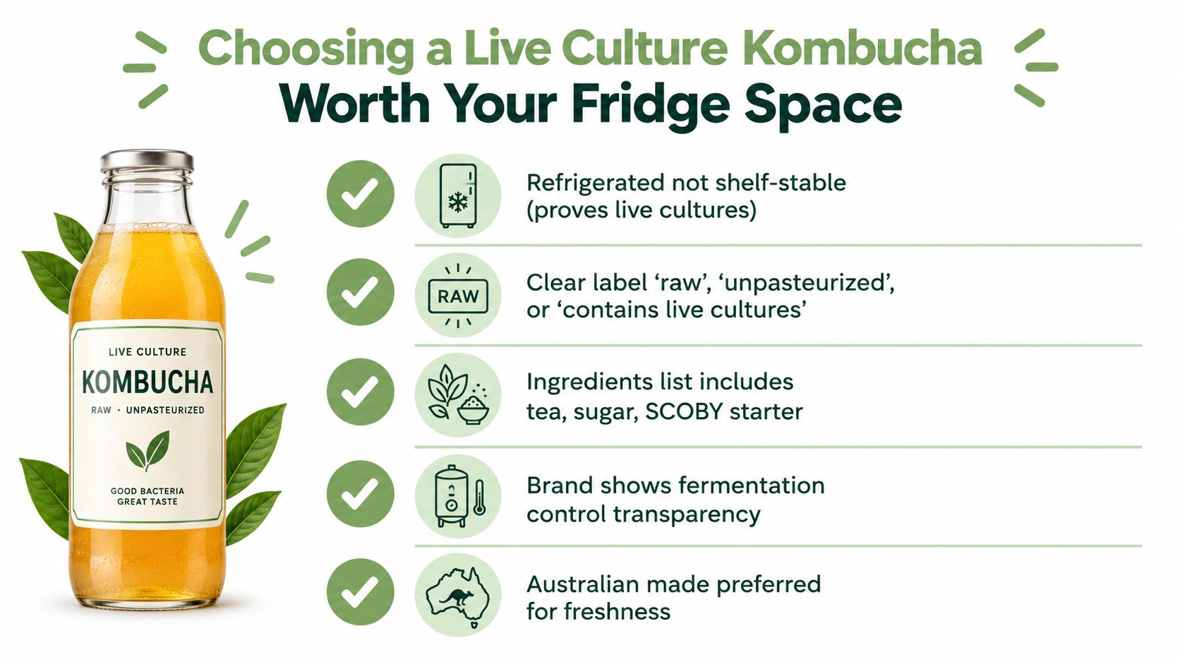 An infographic detailing five key tips for choosing a high-quality live culture kombucha for your health.