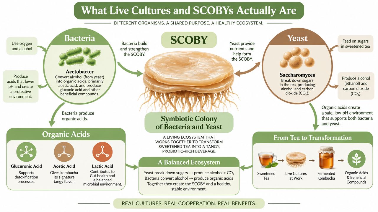An infographic illustrating the symbiotic relationship between bacteria and yeast in a SCOBY for kombucha fermentation.