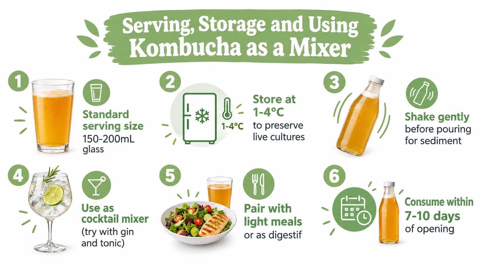 An infographic titled Serving, Storage and Using Kombucha as a Mixer, showing six steps for consumption.