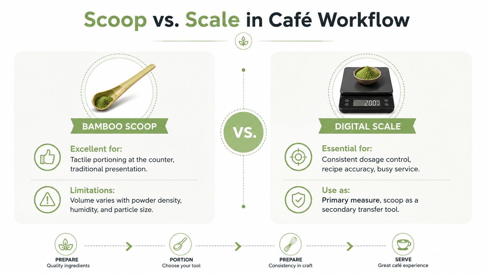 A comparison chart showing the benefits and limitations of using a bamboo scoop versus a digital scale.