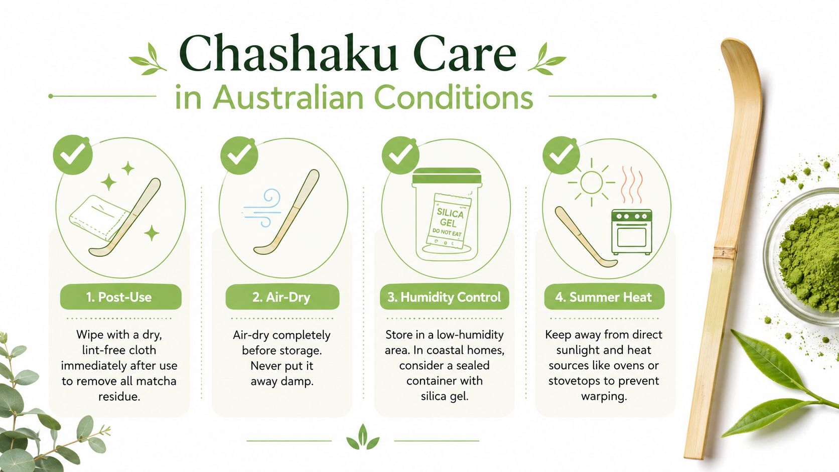 An infographic titled Chashaku Care in Australian Conditions showing four steps to maintain a bamboo matcha scoop.