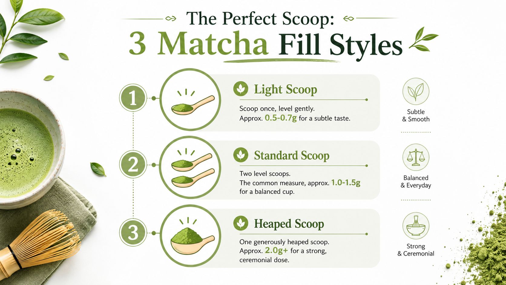 An infographic showing three different matcha bamboo scoop measurements for light, standard, and strong tea preparation.