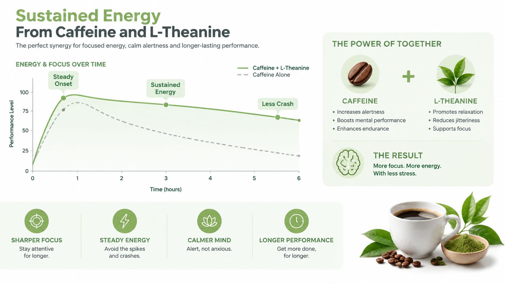 A chart illustrating the sustained energy benefits of combining caffeine and L-Theanine for enhanced focus.