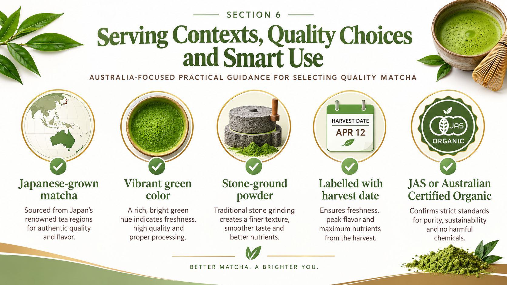 An infographic detailing how to select high-quality matcha based on origin, color, grinding method, harvest date, and certification.
