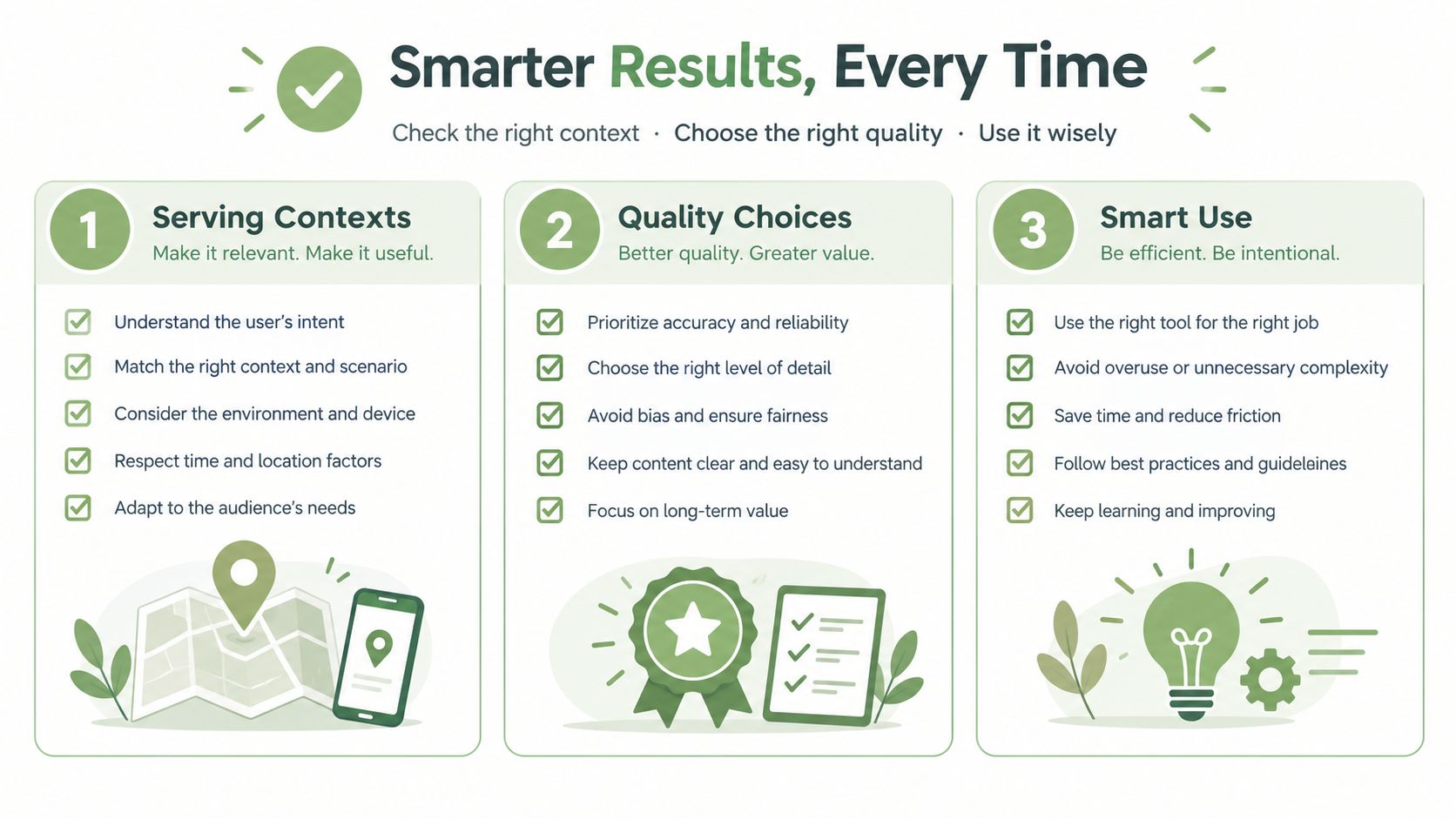 An infographic titled Smarter Results Every Time detailing strategies for improving output quality through context, choices, and use.