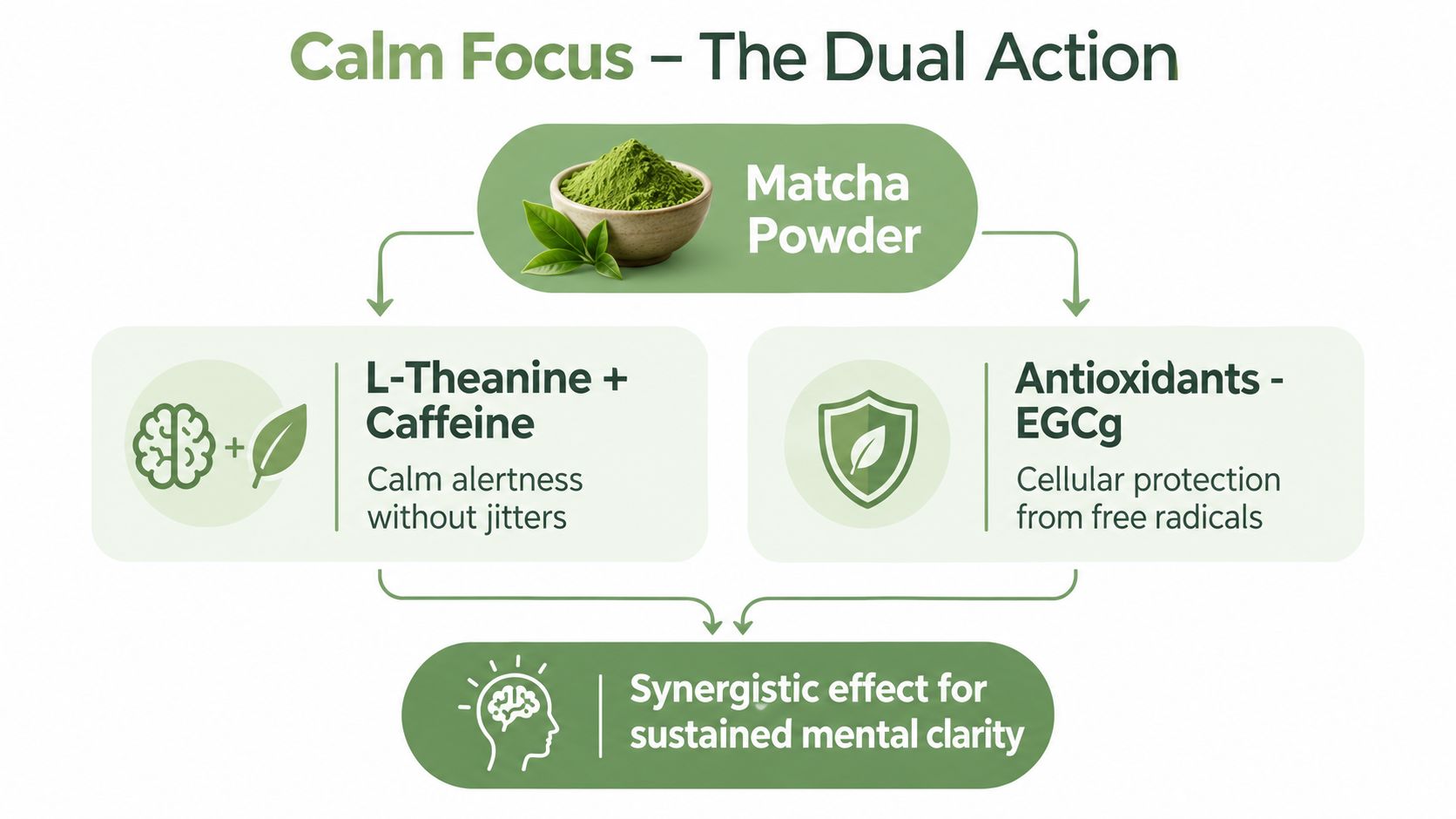 A diagram illustrating the dual benefits of matcha powder for calm focus, mental clarity, and cellular health.