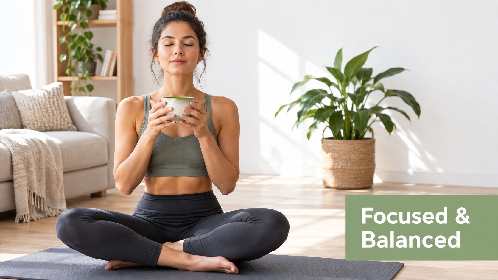 A woman meditating on a yoga mat while holding a warm cup of tea in a room