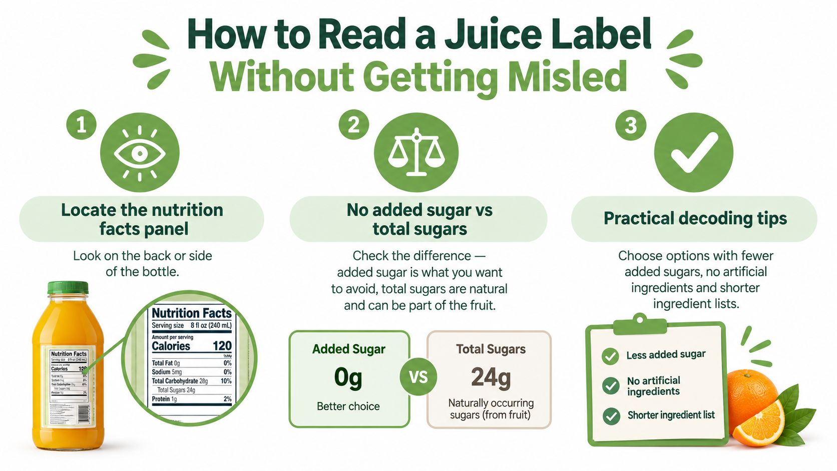 An infographic titled How to Read a Juice Label Without Getting Misled with three instructional steps.