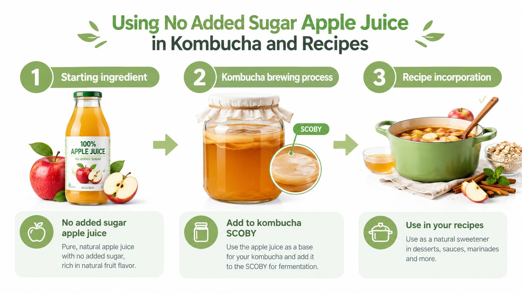 An infographic showing how to use no added sugar apple juice for kombucha fermentation and cooking.
