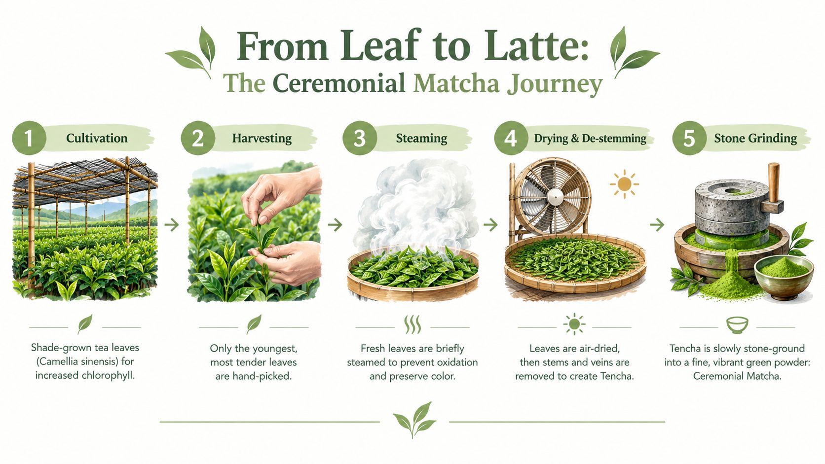 An infographic detailing the five-step process of producing ceremonial matcha from tea leaf cultivation to grinding.