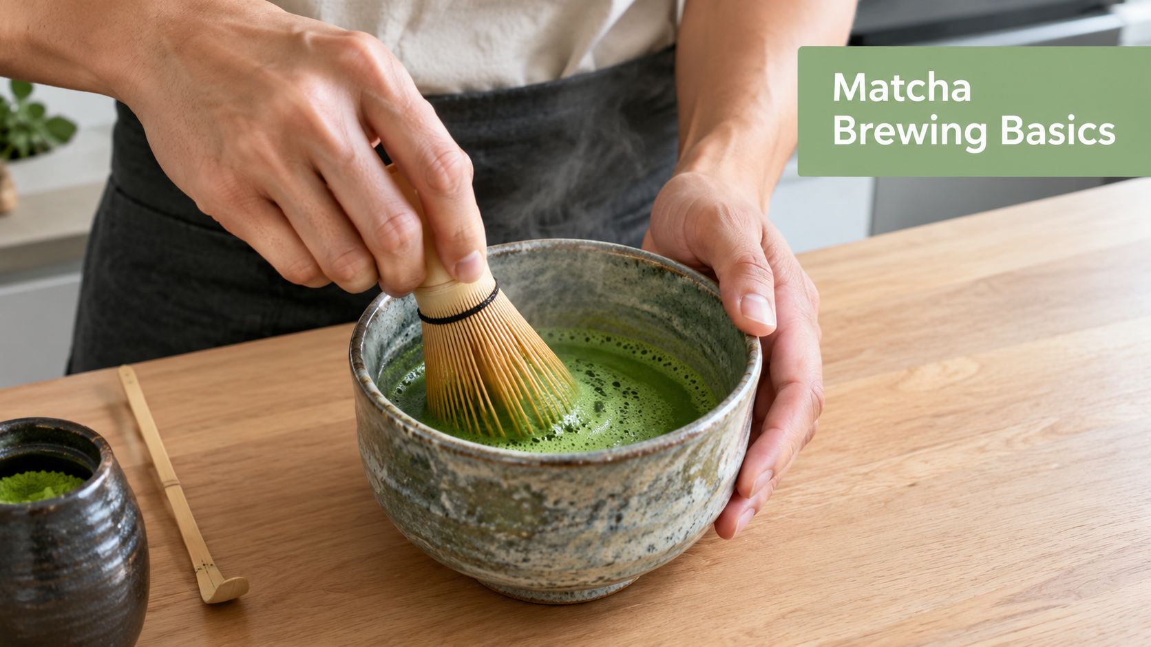 A person using a traditional bamboo whisk to prepare a bowl of vibrant green organic ceremonial matcha.