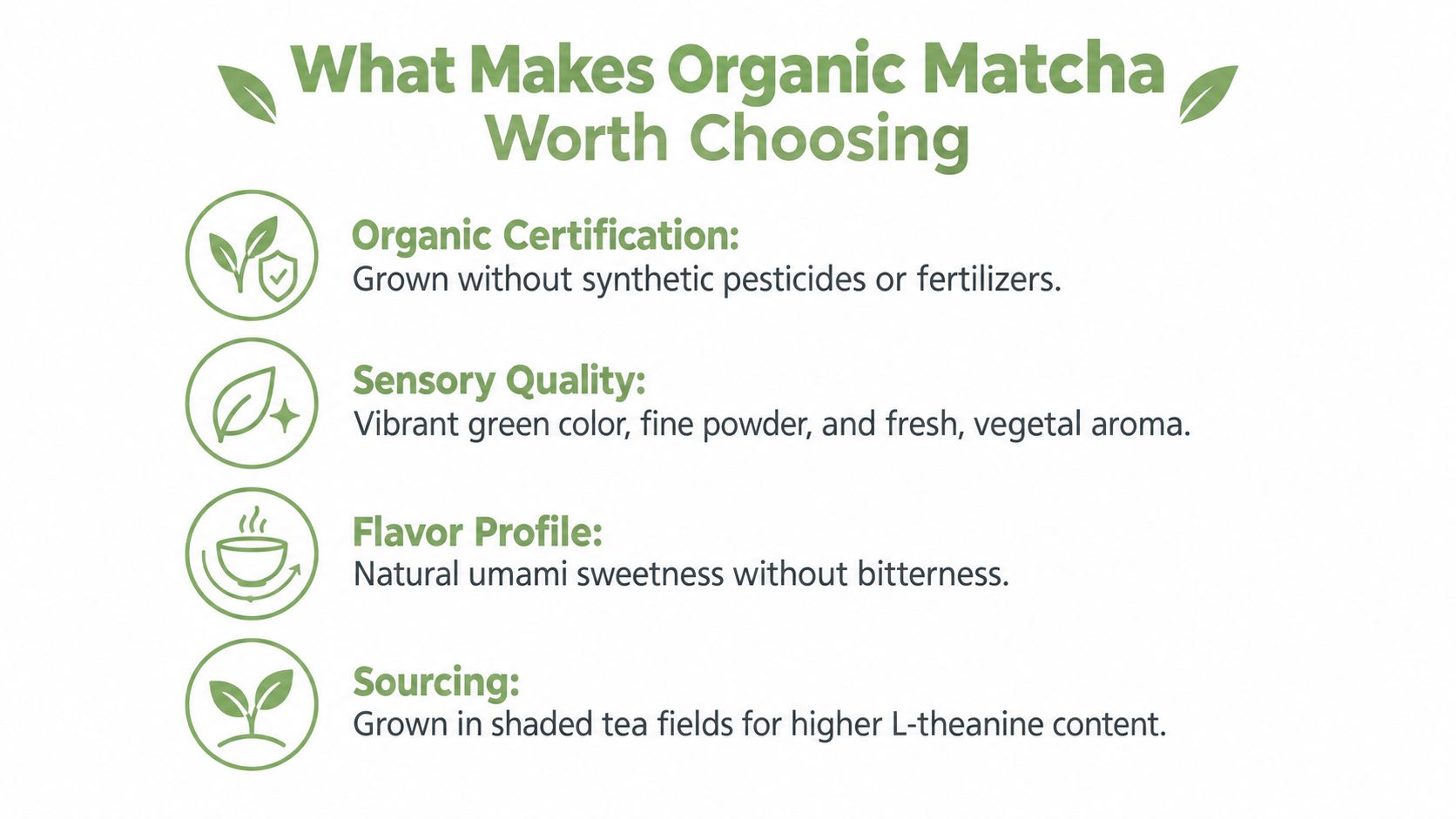 An infographic detailing the benefits of organic matcha including certification, sensory quality, flavor profile, and sourcing information.