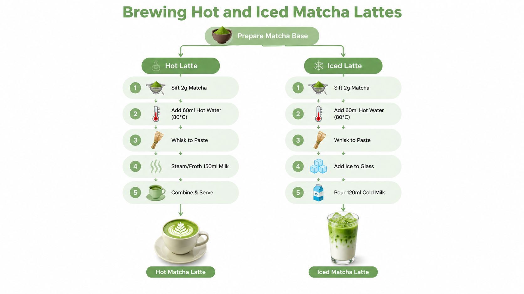 A step-by-step infographic guide showing how to prepare hot and iced matcha lattes at home.