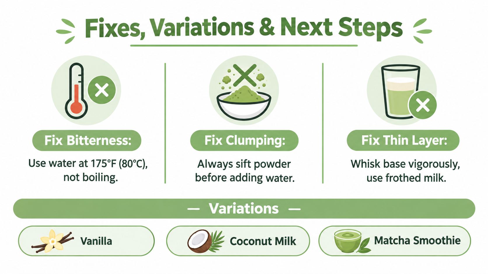 An infographic showing tips to improve matcha preparation, including fixing bitterness, clumping, and thin layers.