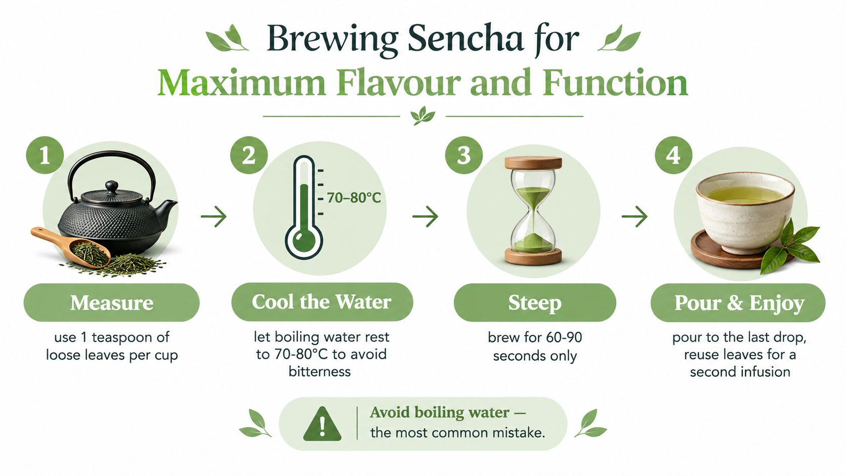 An instructional infographic detailing the four simple steps for brewing Sencha green tea for optimal flavor.