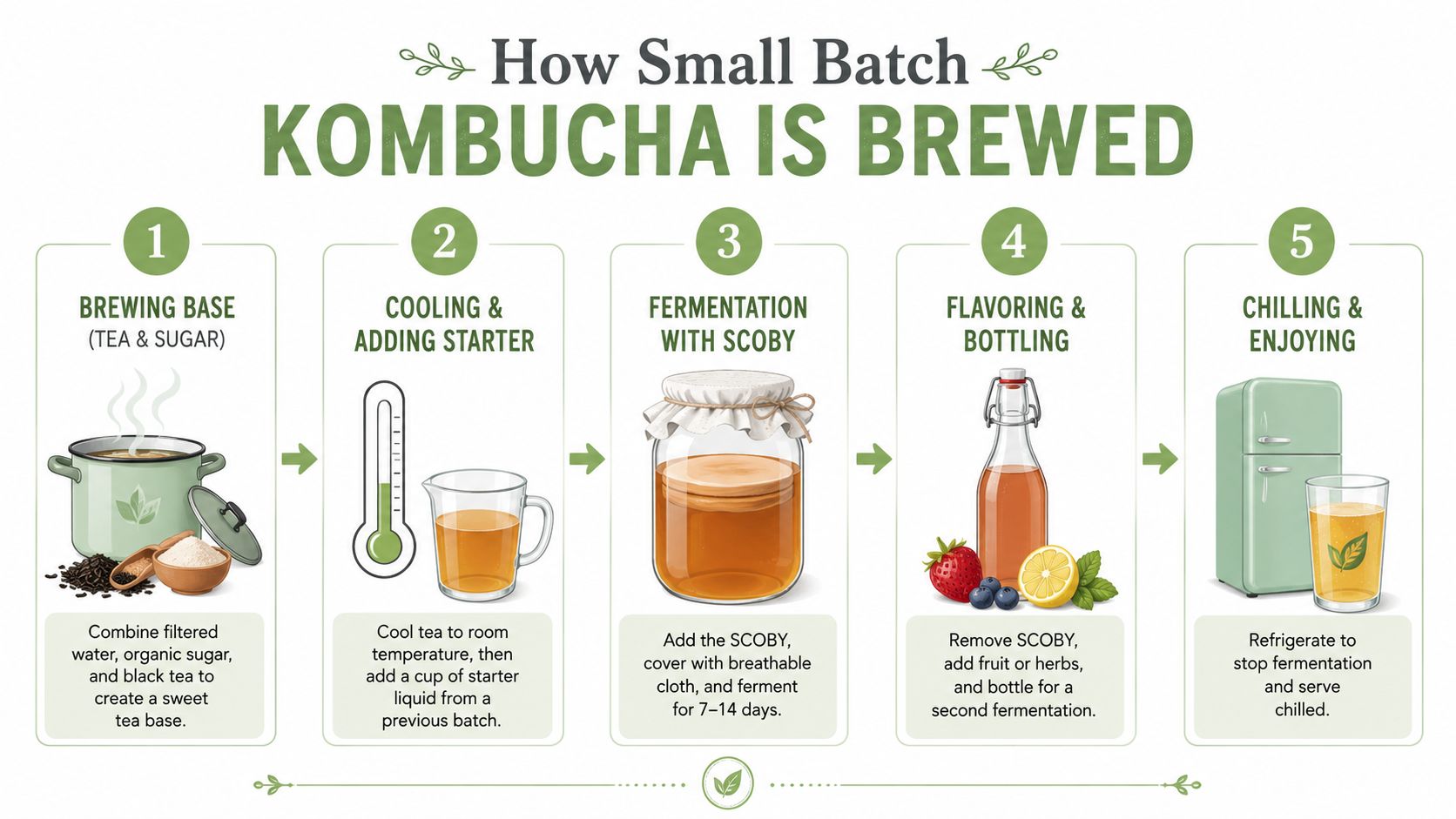A step-by-step infographic illustrating the five stages of brewing small batch kombucha at home.