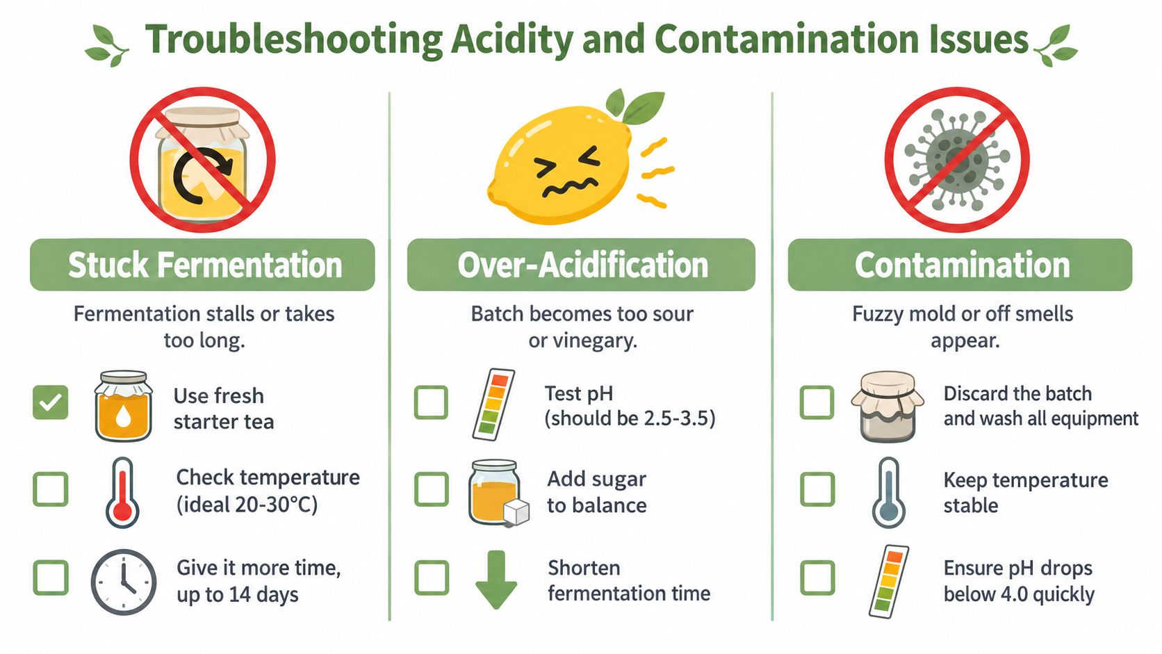 An infographic showing troubleshooting tips for stuck fermentation, over-acidification, and contamination in kombucha brewing.