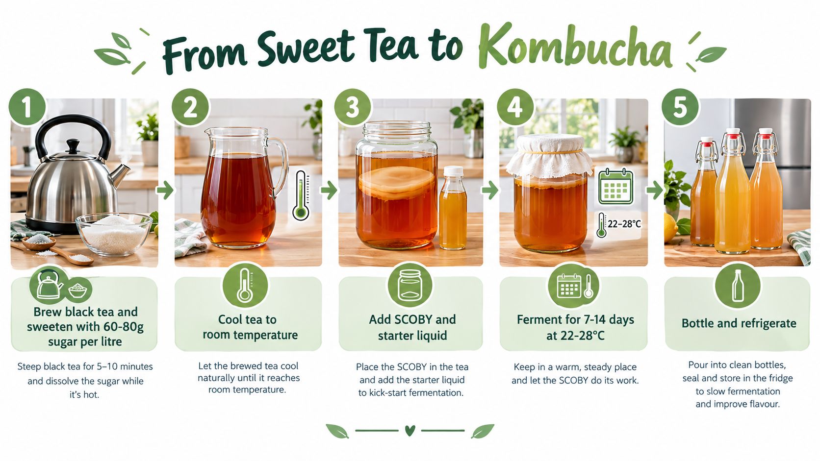 A step-by-step infographic illustrating the five-stage process for brewing homemade kombucha starting from sweet tea.
