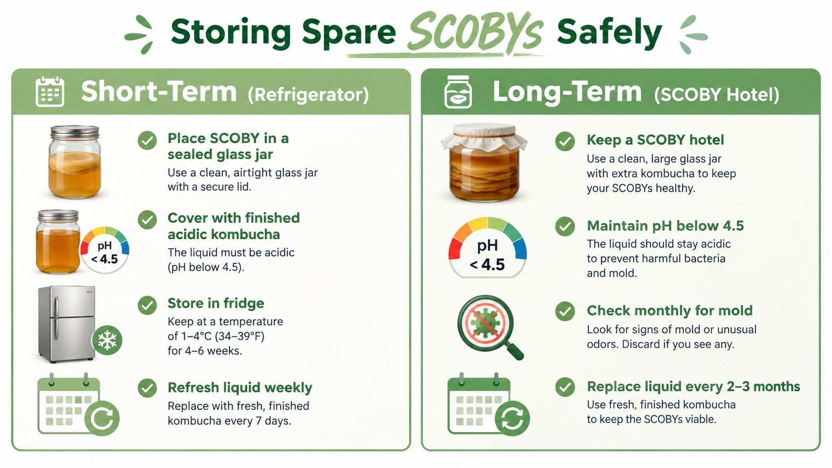 An infographic detailing how to safely store kombucha SCOBYs for short-term and long-term use.