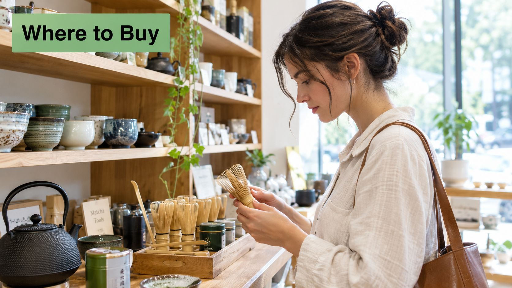 A young woman examines a bamboo matcha whisk in a store filled with traditional tea brewing tools.