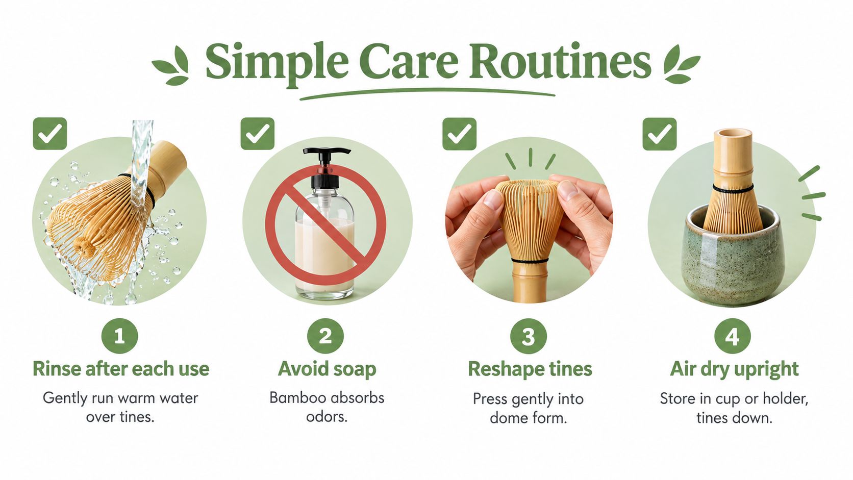 A simple four-step instructional infographic showing how to clean and properly maintain a bamboo matcha whisk.