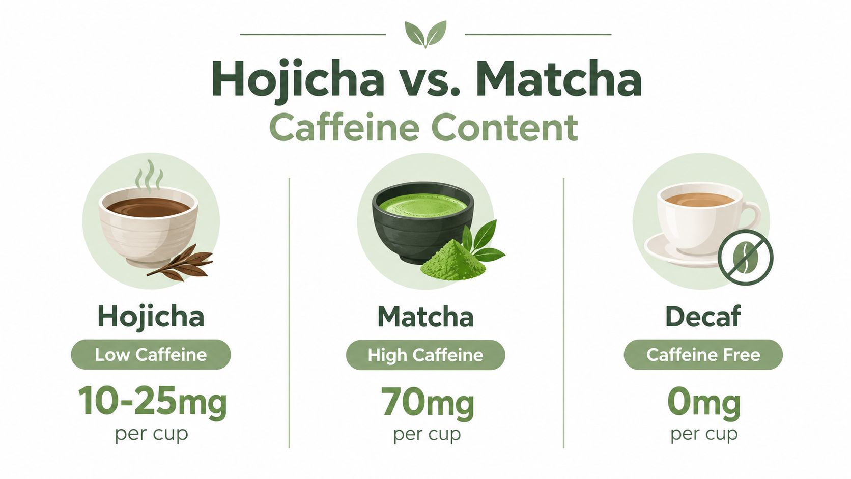 A comparison chart showing the caffeine content per cup for Hojicha, Matcha, and Decaf tea beverages.