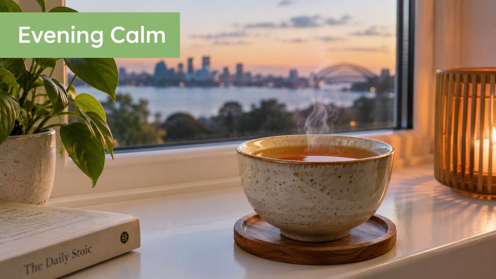 A steaming bowl of hot hojicha tea sitting on a windowsill overlooking a sunset city skyline.