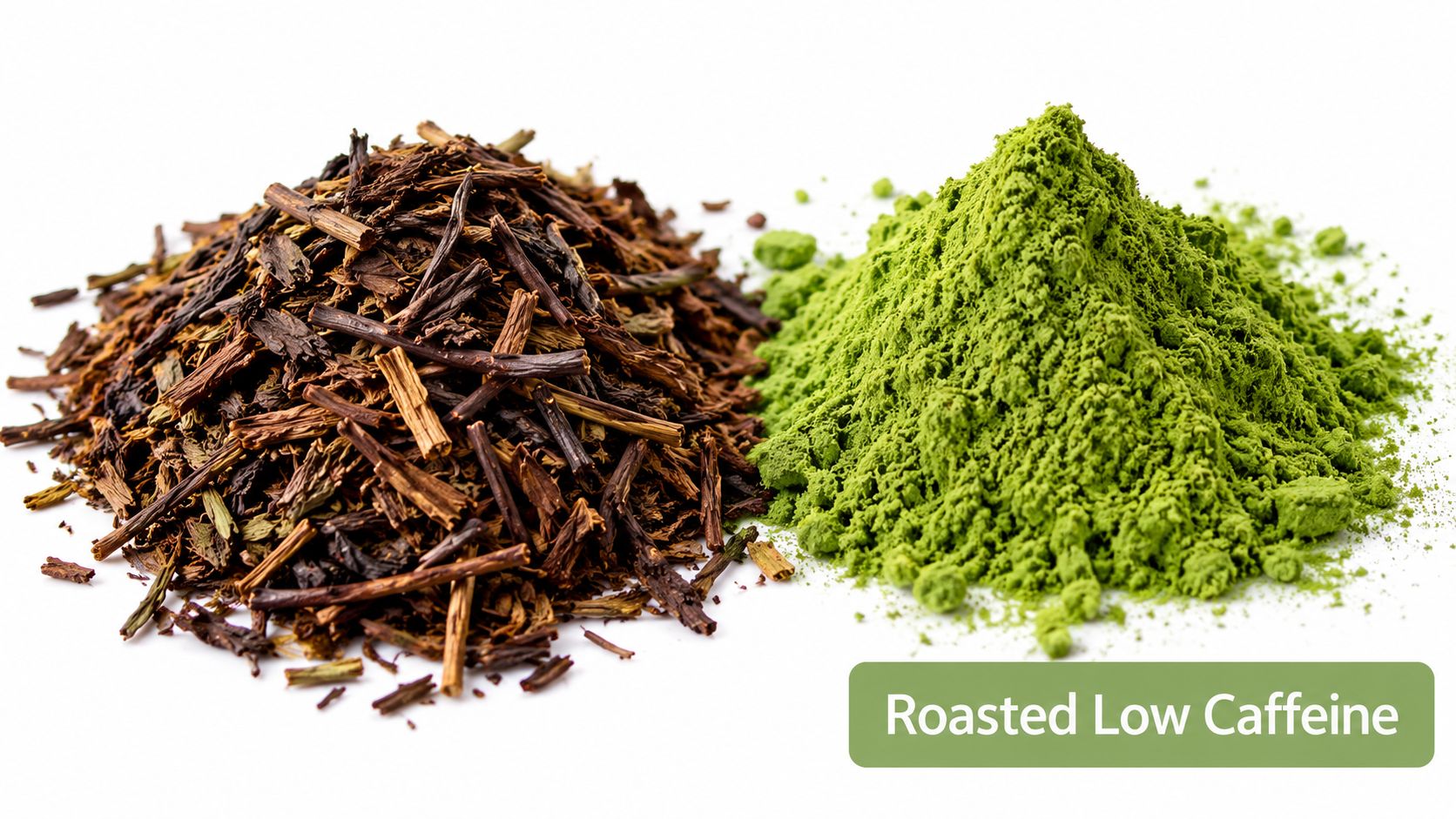 A side-by-side comparison of loose leaf roasted hojicha tea twigs and vibrant green matcha powder.