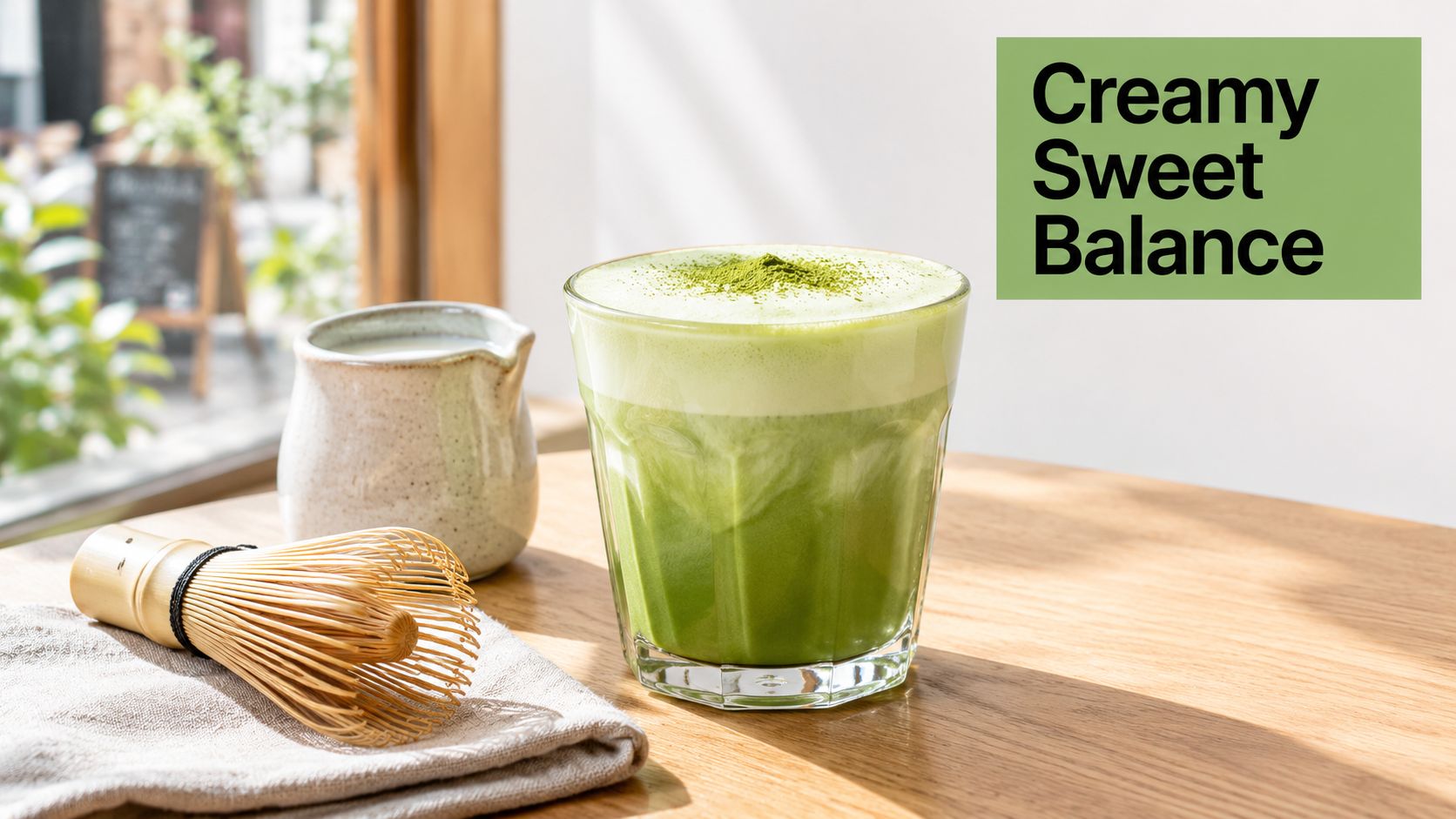 A glass of creamy green matcha latte sits on a wooden table beside a bamboo whisk and milk pitcher.