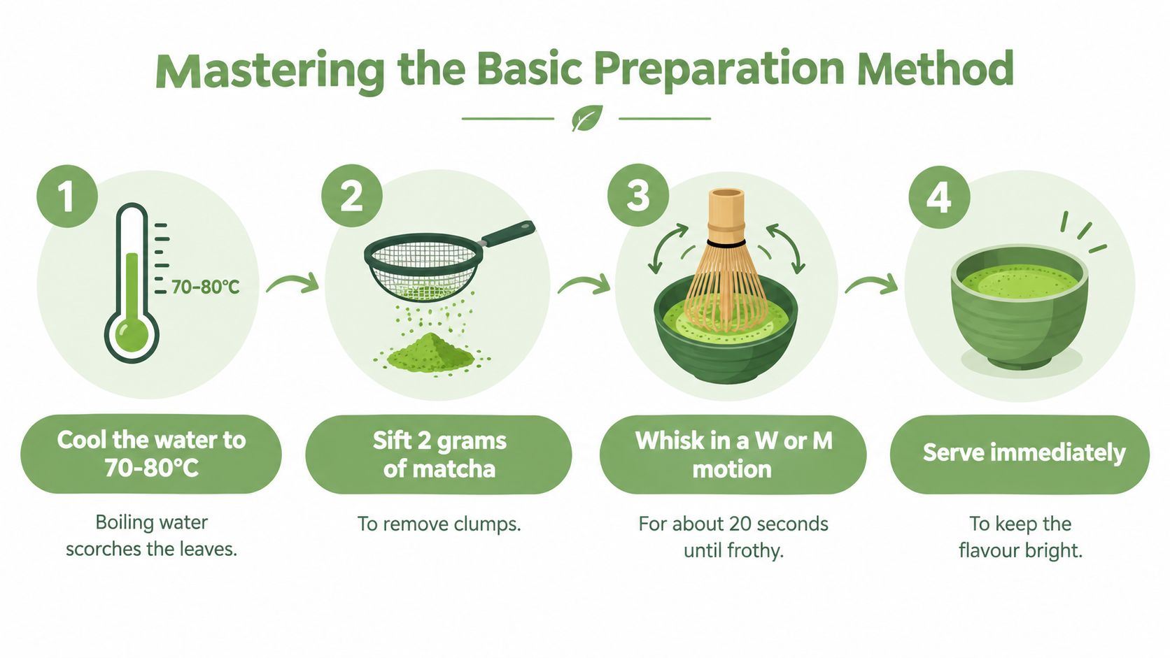 A four-step infographic showing how to properly prepare matcha tea by whisking, sifting, and temperature control.