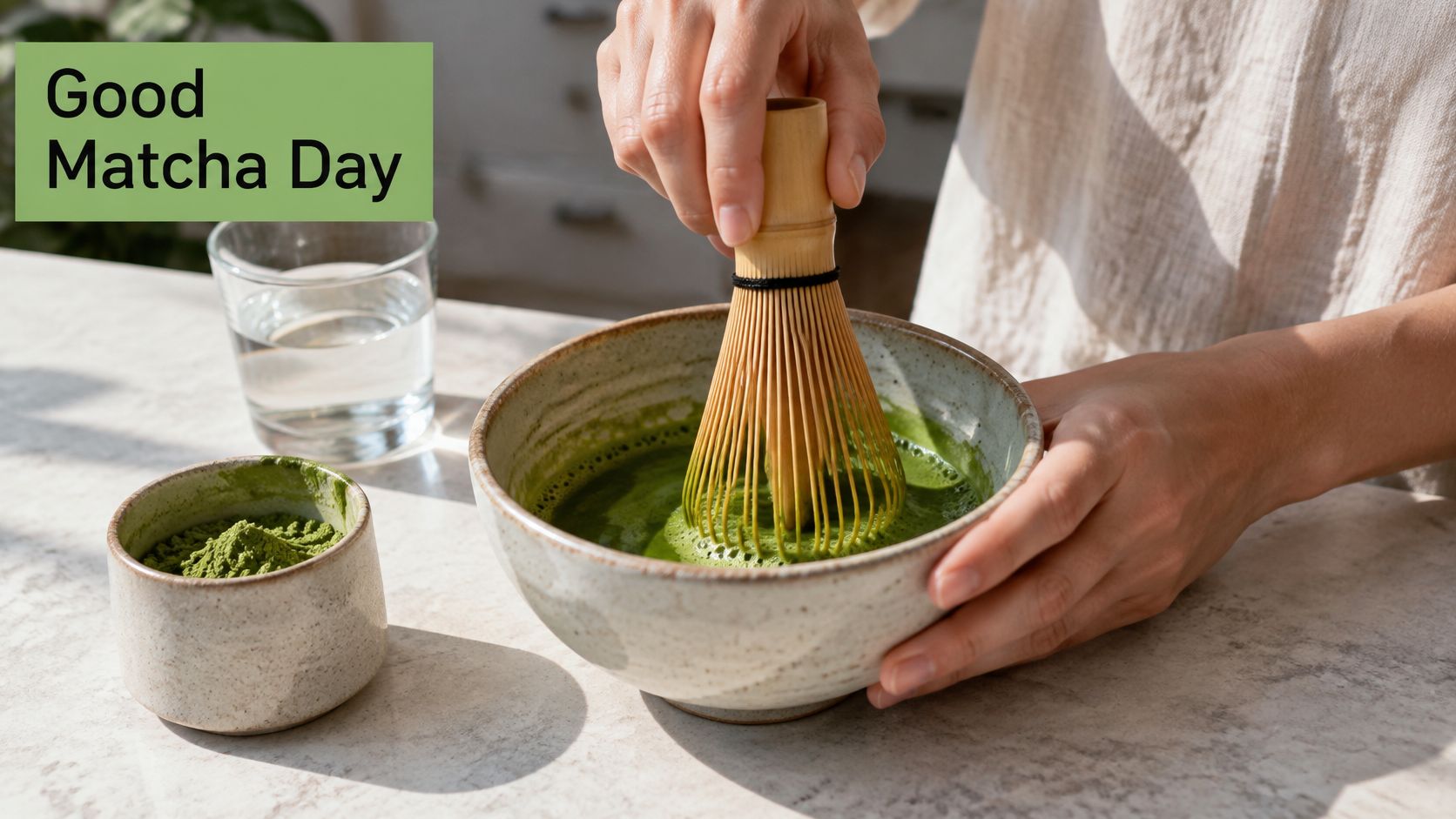 A person whisking matcha tea in a ceramic bowl with a bamboo whisk on a marble countertop.