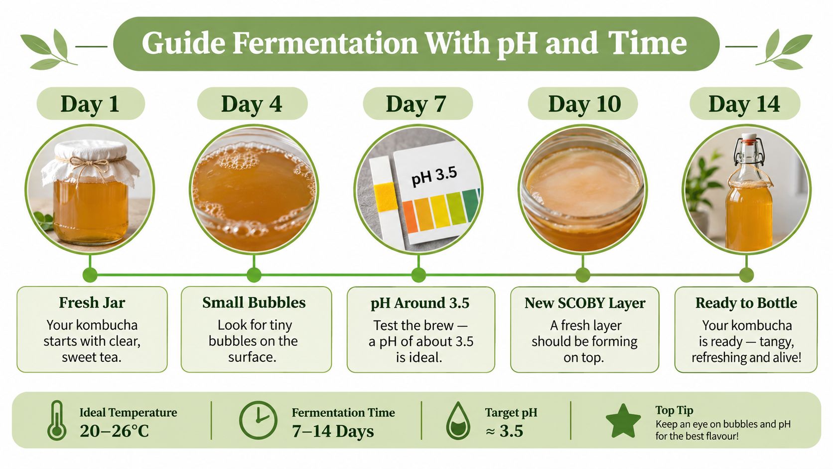 An instructional infographic detailing the timeline for fermenting kombucha from a scoby with pH levels.