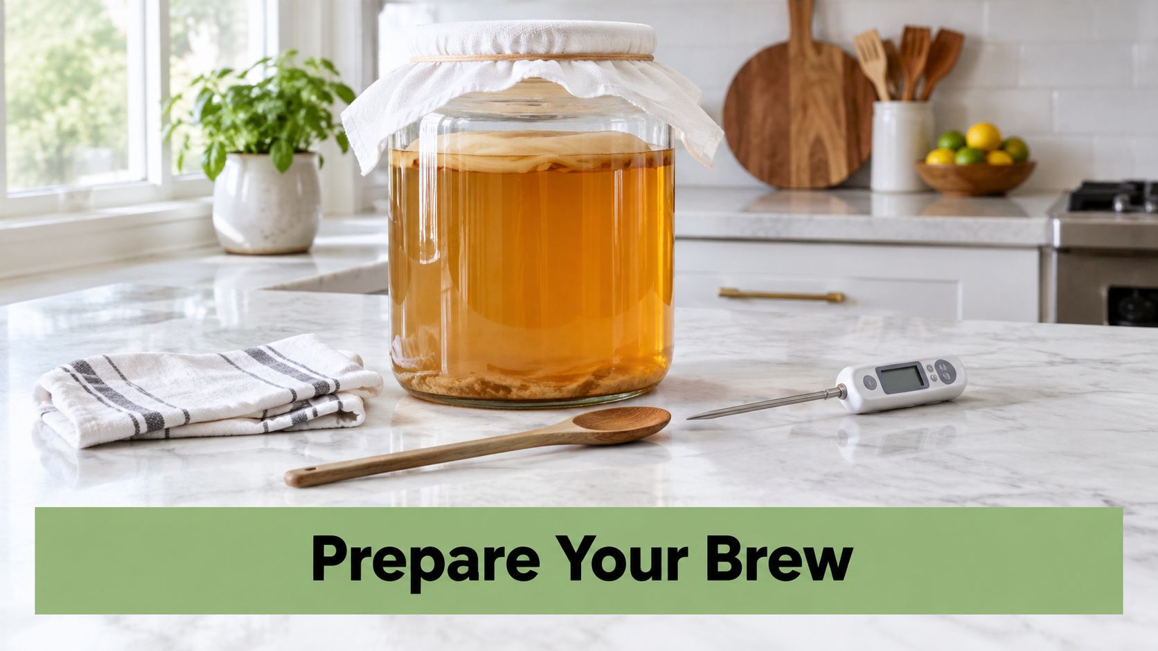 A glass jar containing kombucha tea with a SCOBY, sitting on a marble kitchen counter with a spoon.