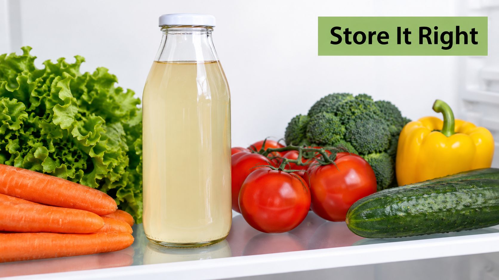 A refrigerator shelf containing fresh lettuce, carrots, a bottle of kombucha, tomatoes, broccoli, peppers, and a cucumber.