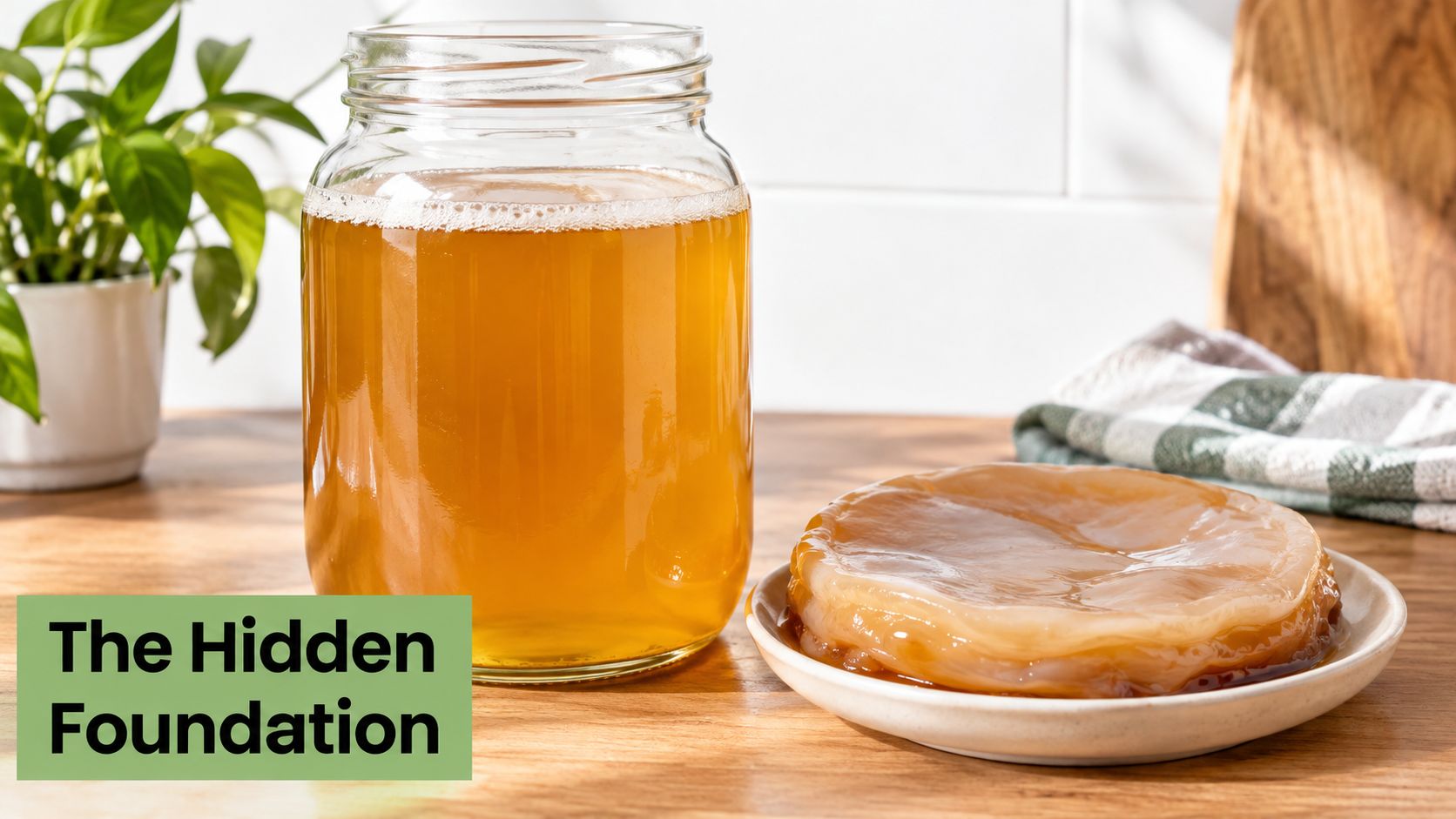 A large glass jar of amber kombucha beside a SCOBY disc resting on a small white plate.