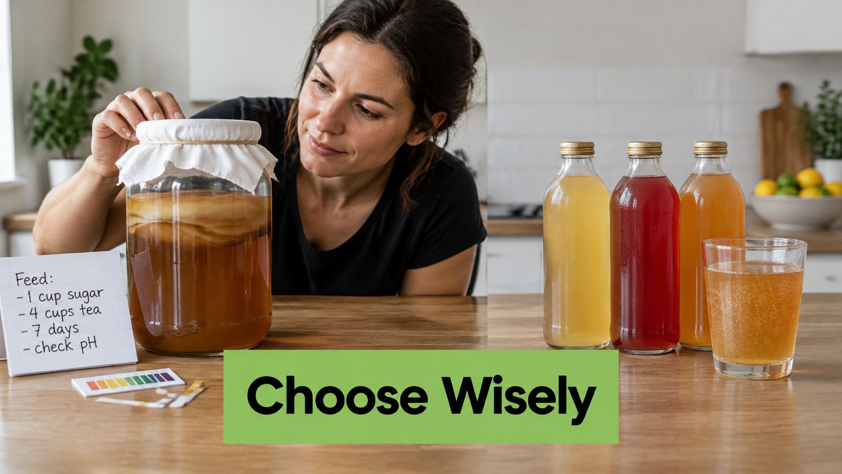 A woman inspecting a jar of fermenting kombucha with ingredients and pH test strips nearby.