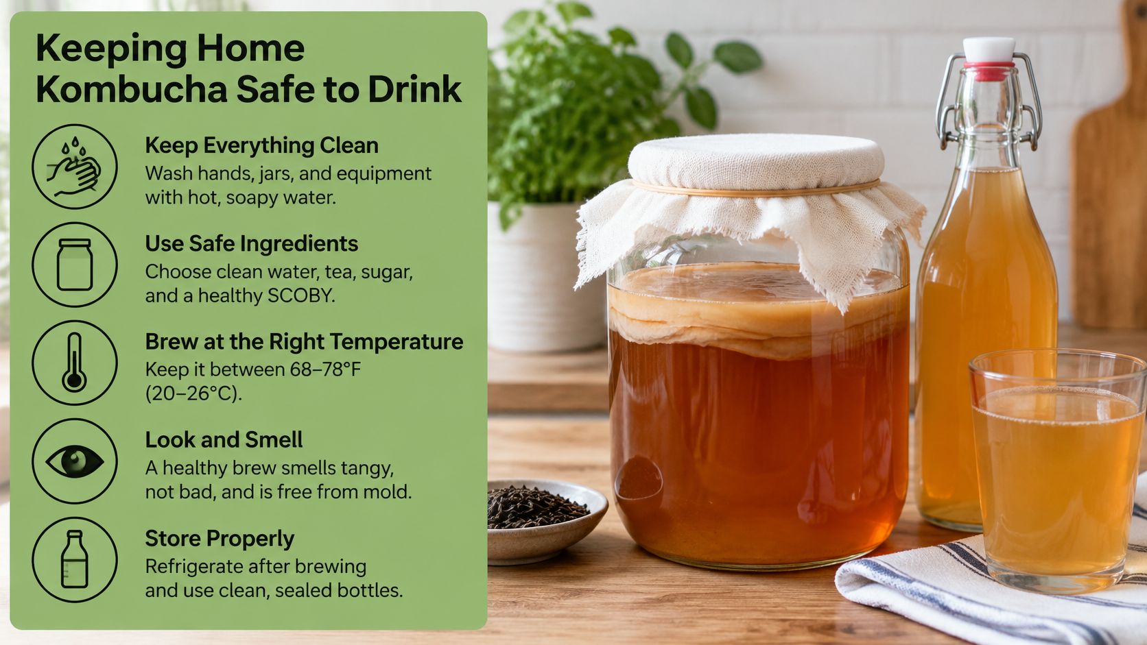 An infographic on how to keep homemade kombucha safe, featuring tips on cleaning, ingredients, temperature, and storage.