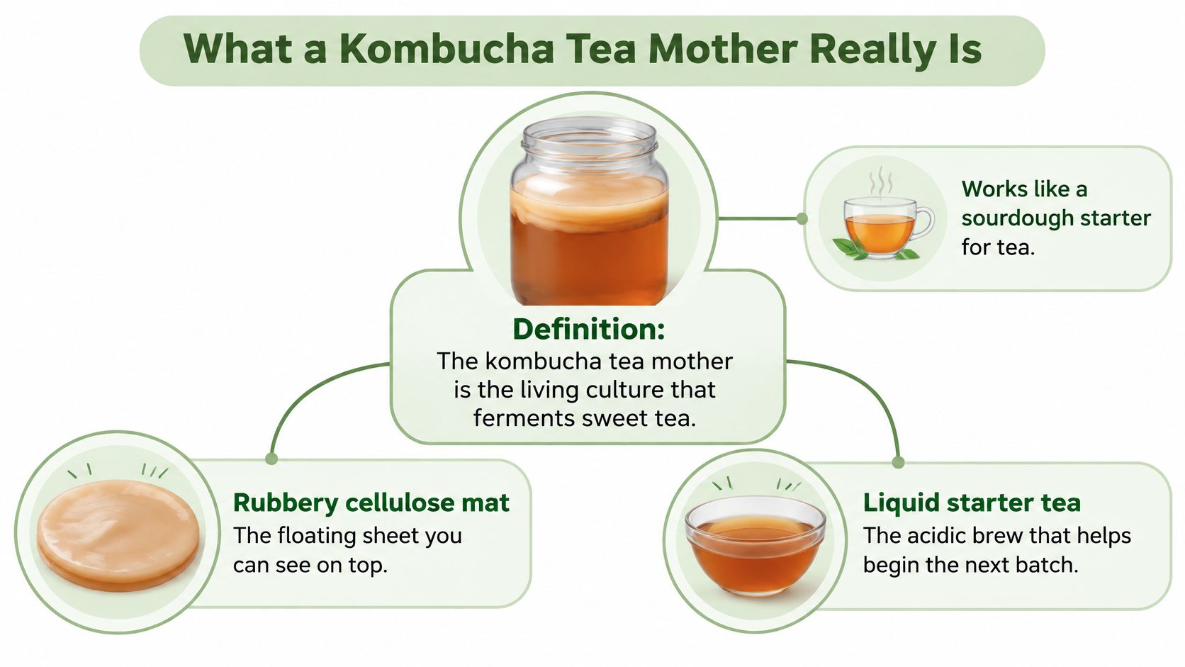 A diagram explaining that a kombucha tea mother is a living culture containing a cellulose mat and starter.