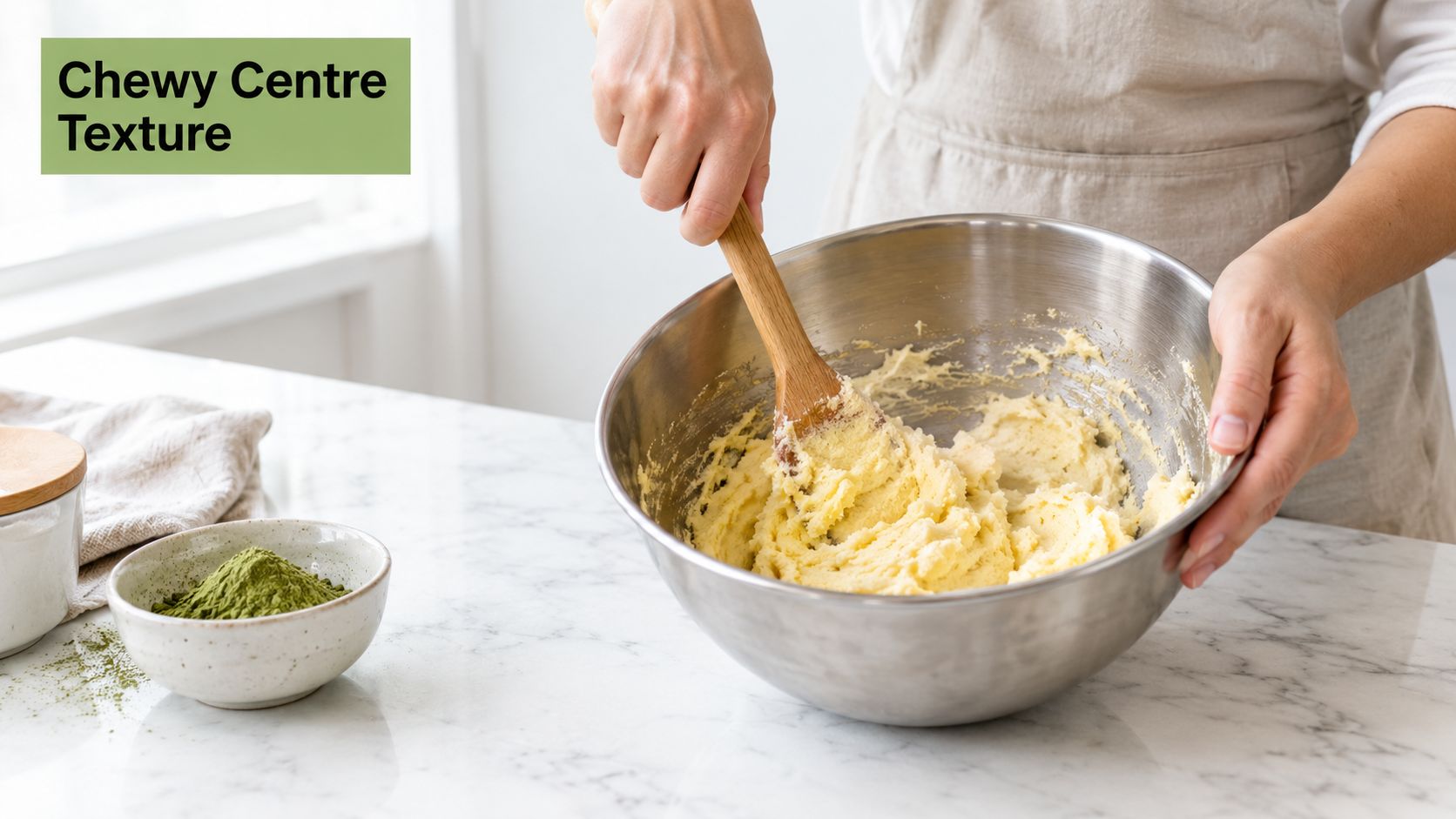 A person mixes cookie dough in a metal bowl beside a small bowl of green matcha powder.