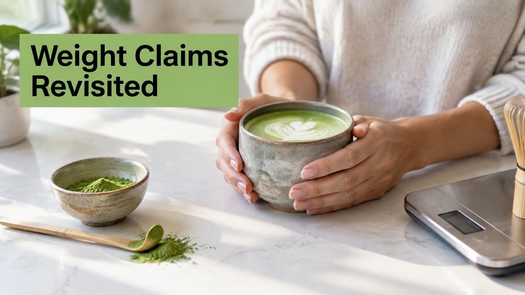 A person holding a warm cup of matcha green tea with matcha powder on a marble table.