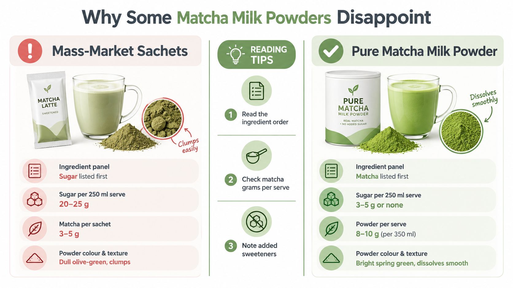 A comparison infographic between mass-market matcha sachets and pure matcha milk powder highlighting ingredients and quality.