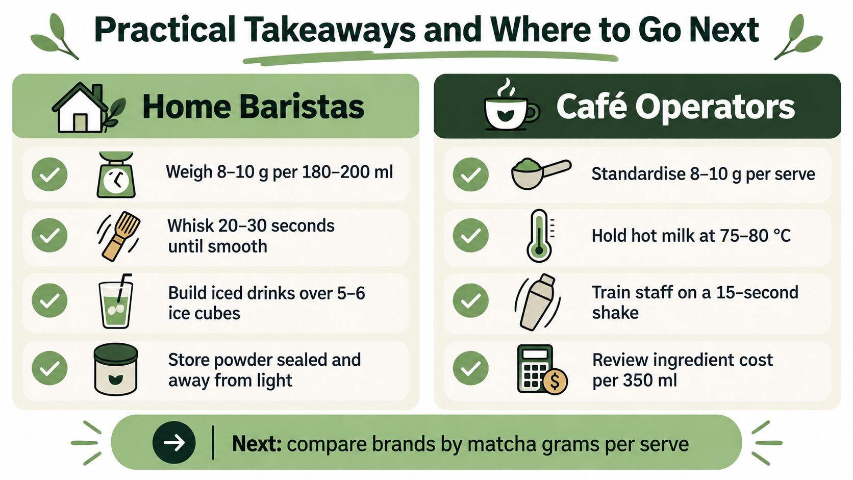 A helpful infographic comparing preparation tips for matcha milk powder between home baristas and cafe operators.
