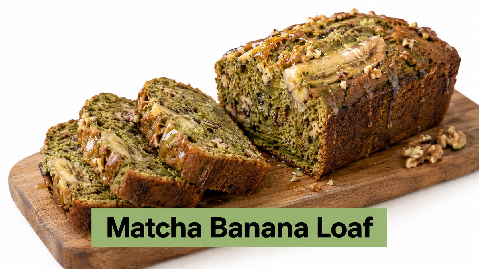 A close-up of moist matcha banana bread slices with walnuts and a light kombucha glaze.
