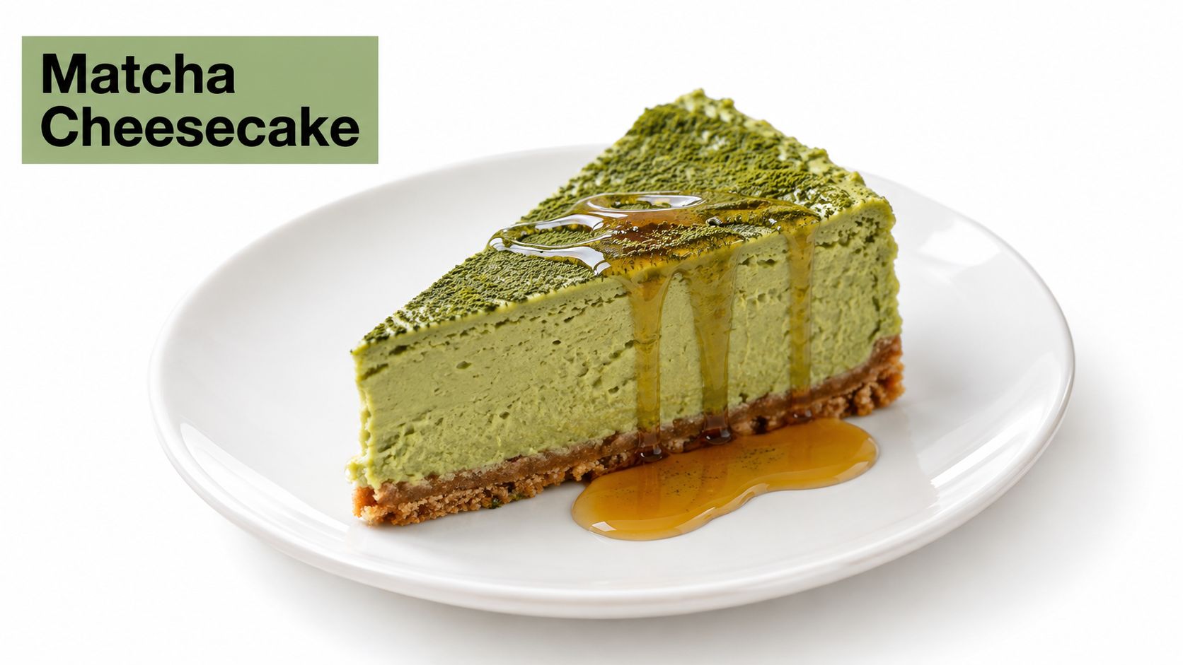 A delicious slice of creamy matcha cheesecake drizzled with golden syrup on a simple white plate.