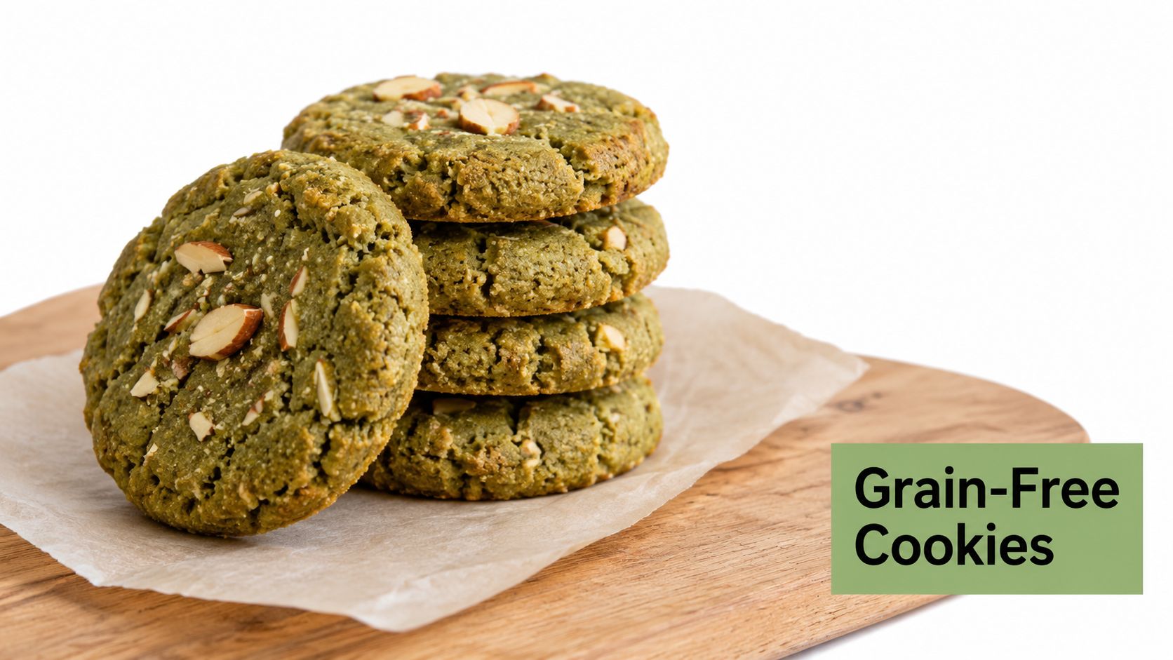 A stack of healthy, grain-free matcha green tea cookies with almond slices on a wooden board.