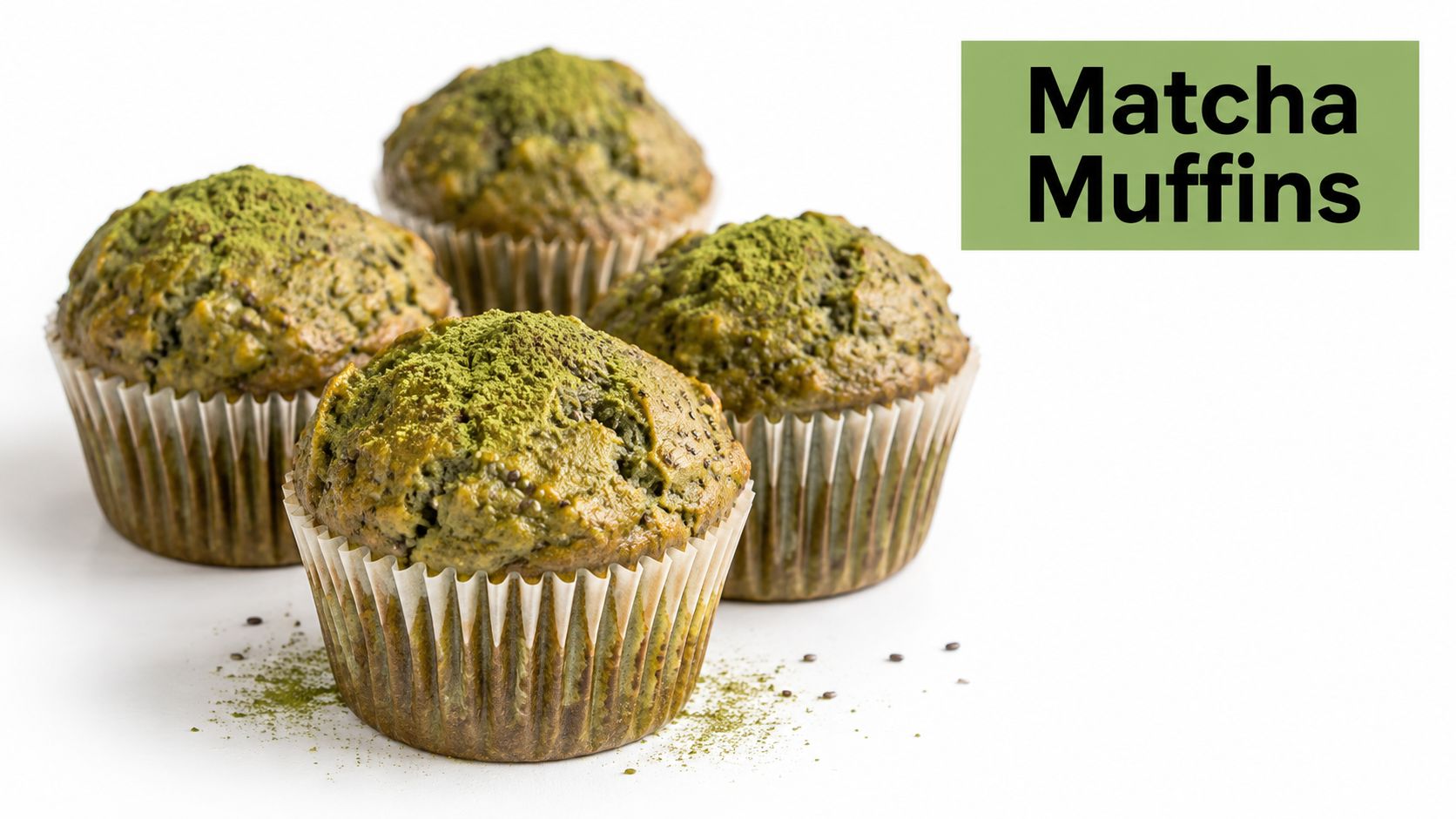 Four freshly baked green matcha muffins in paper liners, dusted with matcha powder and sprinkled with chia seeds.